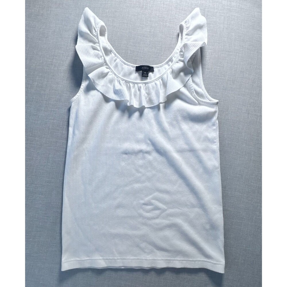 J.Crew Womens M White Ribbed Ruffle Tank Top Sleeveless Stretch Summer Basic